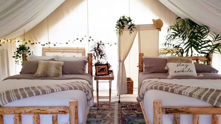 interior or safari tent with two beds. The perfect Mother's day gift for moms in Oregon