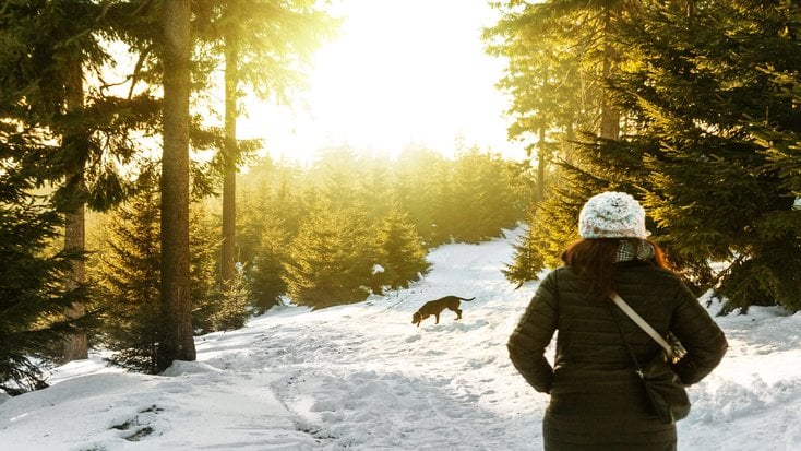 A woman her dog out in the wilderness, as part of the best winter vacation ideas for 2022