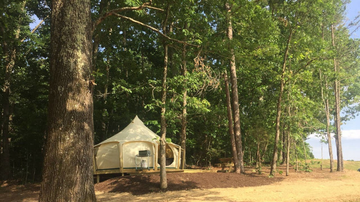 Bell tent surrounded by woodland near Charlottesville, Virginia