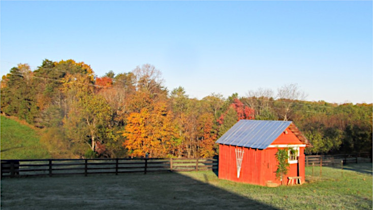 Red tiny house on a farm with trees in the background, Virginia