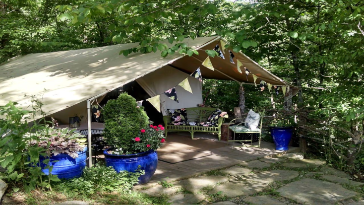 Luxury Cabin Tent Rental Under a Tree Canopy in the Mountains outside Asheville, North Carolina, camping sites with cabins near me