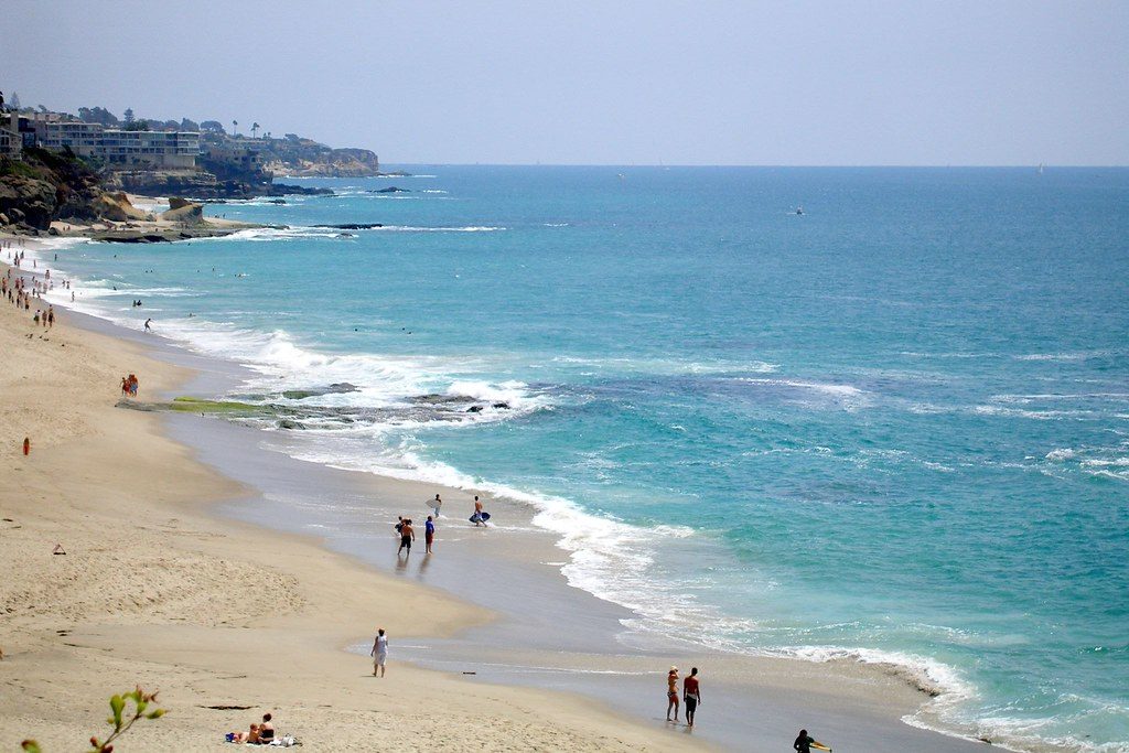 An aerial view of people enjoying Treasure Island Beach, California