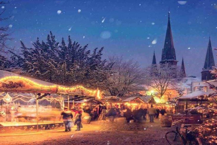 A Christmas market with a carousel
