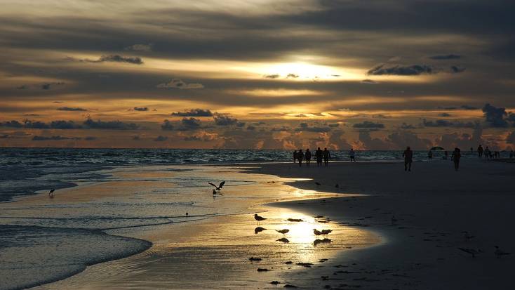 Tourists explore Siesta Key Beach, Florida at sunset