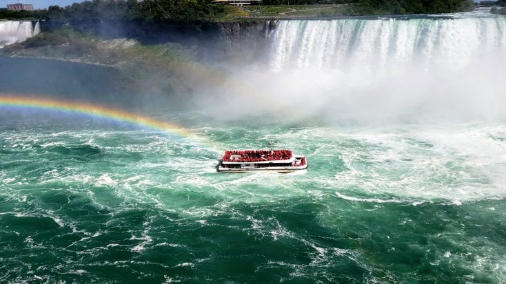 One of the best natural wonders in New York State, a boat full of people visit the Niagara Falls together. 