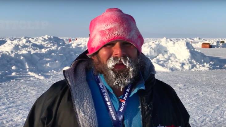 A competitor after the North Pole Marathon