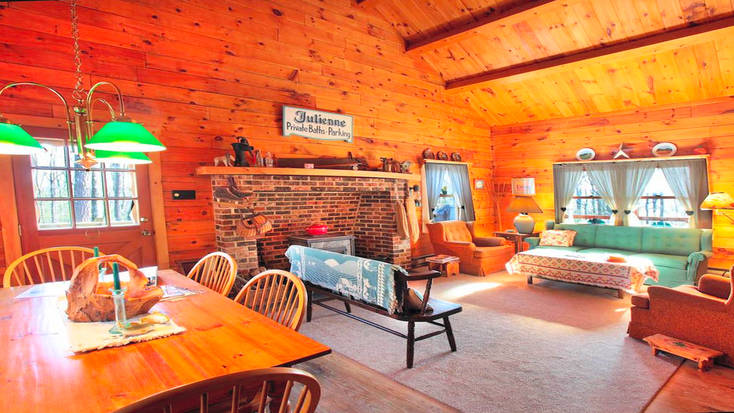 The rustic interior of one of our Pocono cabin rentals