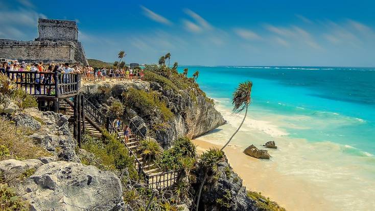 The Tulum Mayan ruins overlook the ocean