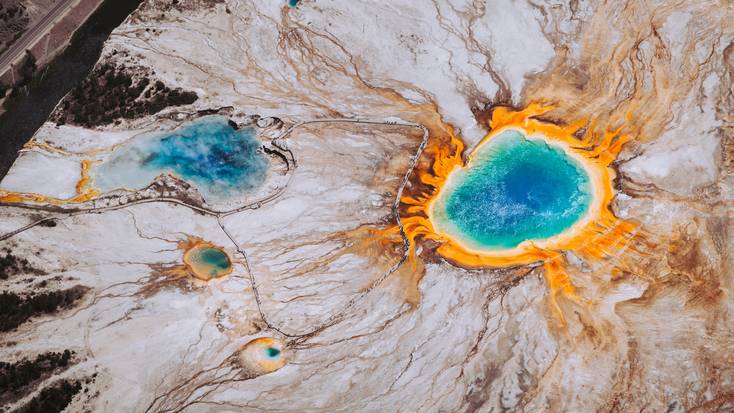 Aerial view of the Grand Prismatic Spring, one of the best things to do in Yellowstone. 