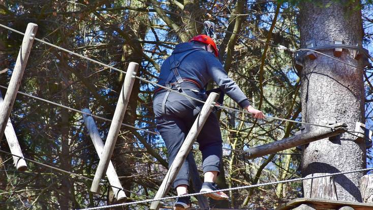 Someone trying a high ropes course in an adventure park during a family vacation