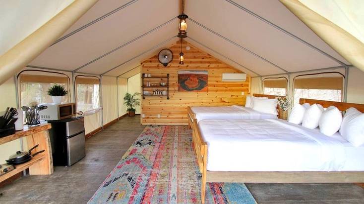 The interior of a safari tent rental in Zion National Park