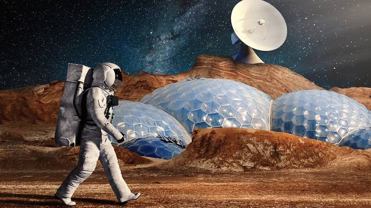 An astronaut explores the Mars landscape