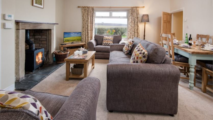 Interior of pet-friendly cottage with grey couches in large living room. 