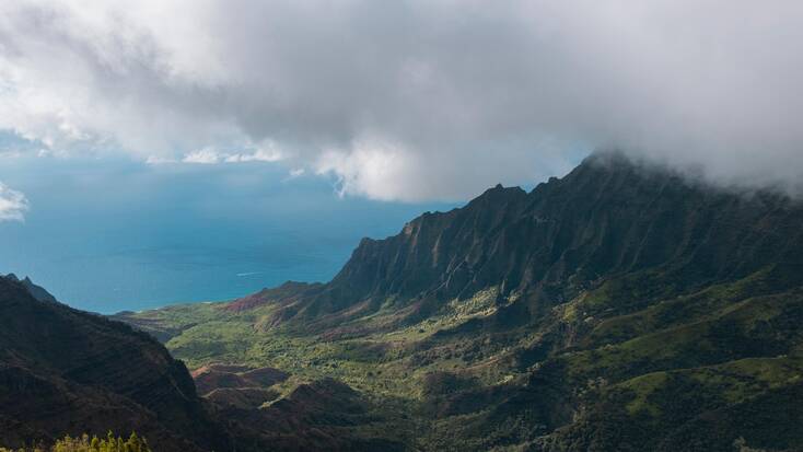 A view of the mountains and coast in Kauai, Hawaii