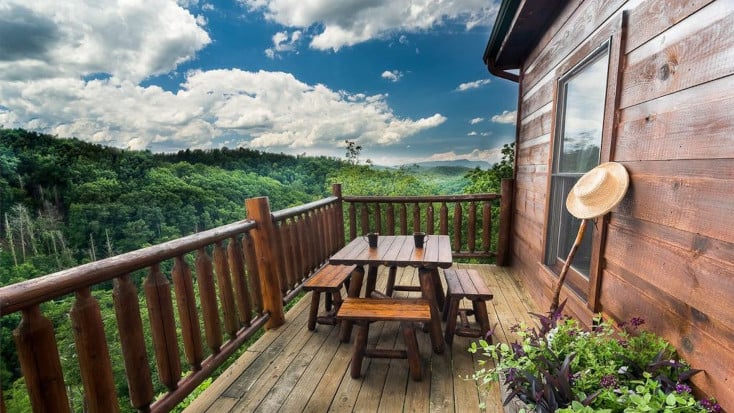 View of the mountains near Pigeon Forge from private deck with dining table