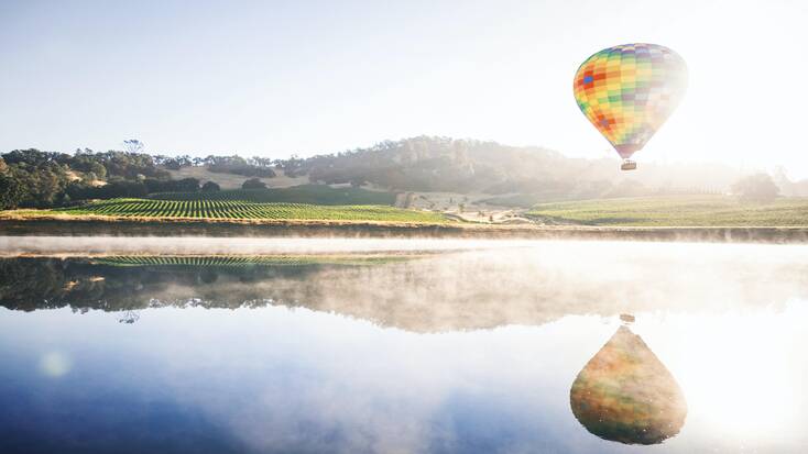 A hot air balloon flying over a vineyard in Napa Valley