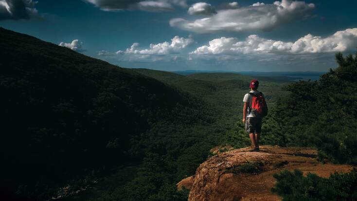 A hiker looking at a view of forests in Acadia National 