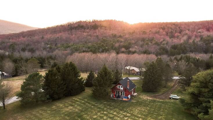 An aerial view of a cabin near Windham, New York