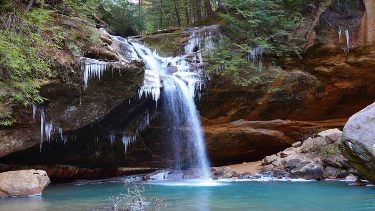 A waterfall in the woods of the Hocking Hills State Park