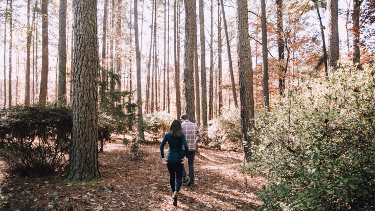 Couple hiking in the woods, North Carolina