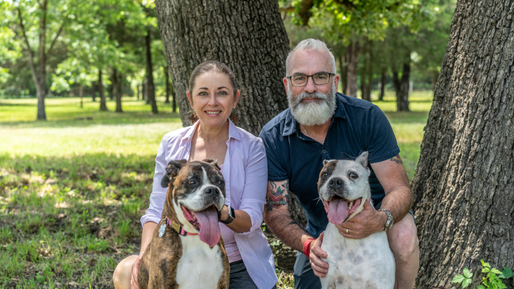 Glamping Hub’s Host of the Month for September 2021: Sherry and Houston in Texas with two happy dogs. 