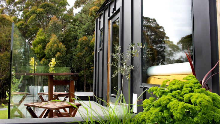 Decking area of tiny house glamping in Australia. 