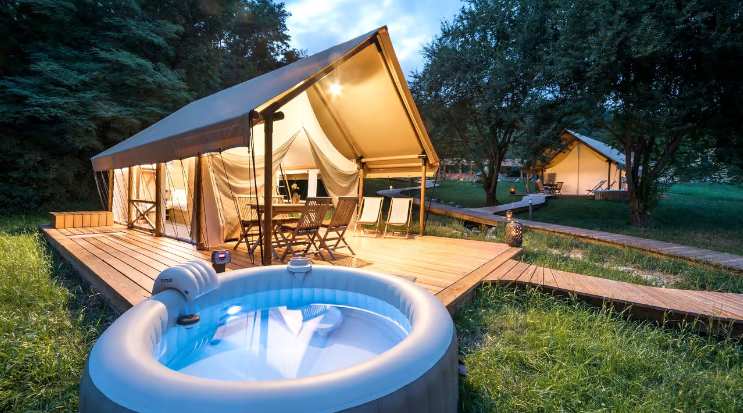 Glamorous Safari Tents for Romantic Couples' Getaway with Jacuzzi on Vineyard in Slovenia