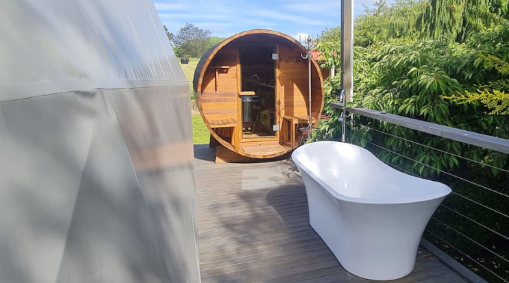 Outdoor bath and sauna at luxury escape, Tasmania. 