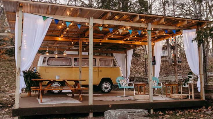 Romantic Vintage VW campervan at glamping resort in Missouri. Winners of Glamping Hub's Host of the Month for June 2022.