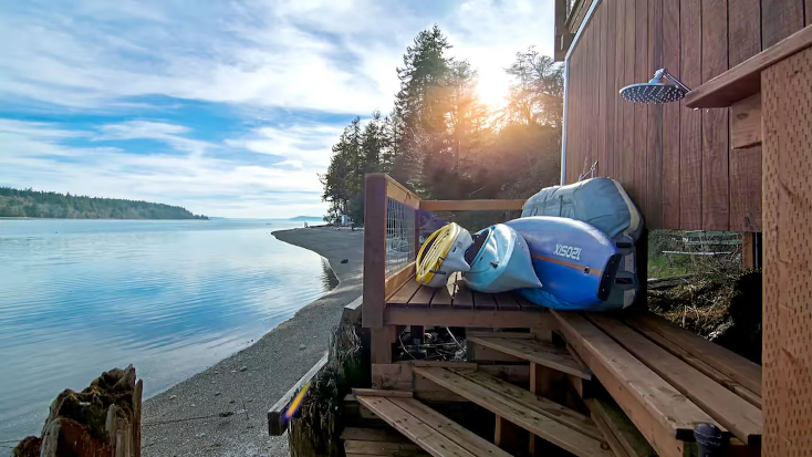 Amazing Sunrise at Coastal Luxury Cabin Rental on Herron Island with Fire Pit and Paddle Boarding near Olympia, Washington, one of the best west coast beaches