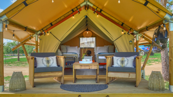 Enjoy the best glamping in Texas in these large safari tents on BeeWeaver Honey Farm, Lynn Grove