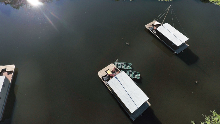 Aerial view of the houseboats on a lake near Lyon France