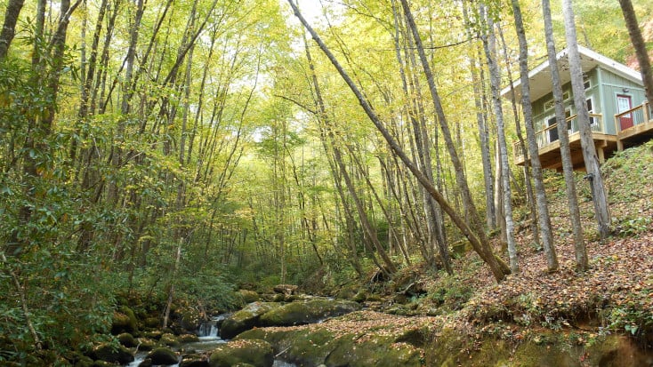 Elevated treehouse cabin overlooking the river and surrounded by trees near Nantahala National Forest