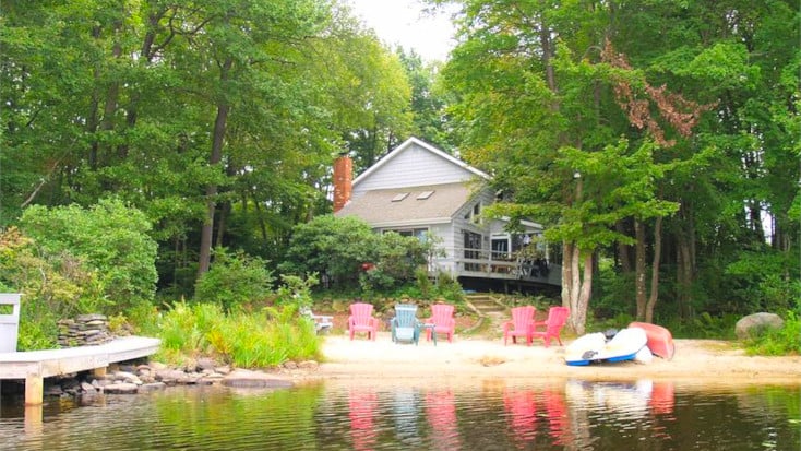 cottage on a lake with jetty and kayas