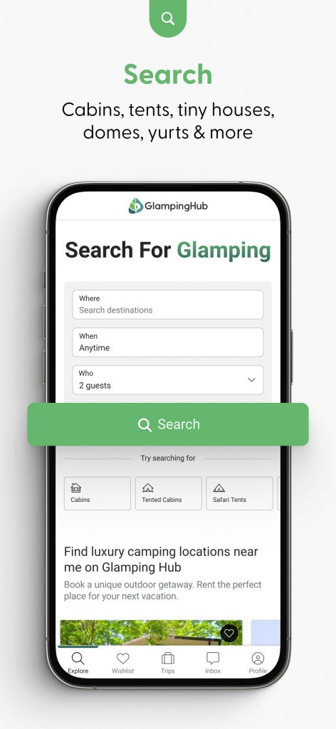 Search for the perfect rental with the Glamping Hub App