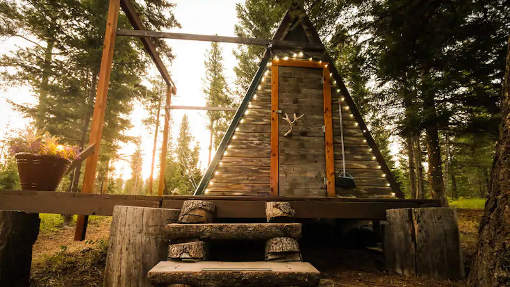 log A-frame cabin with private deck for glamping in Montana